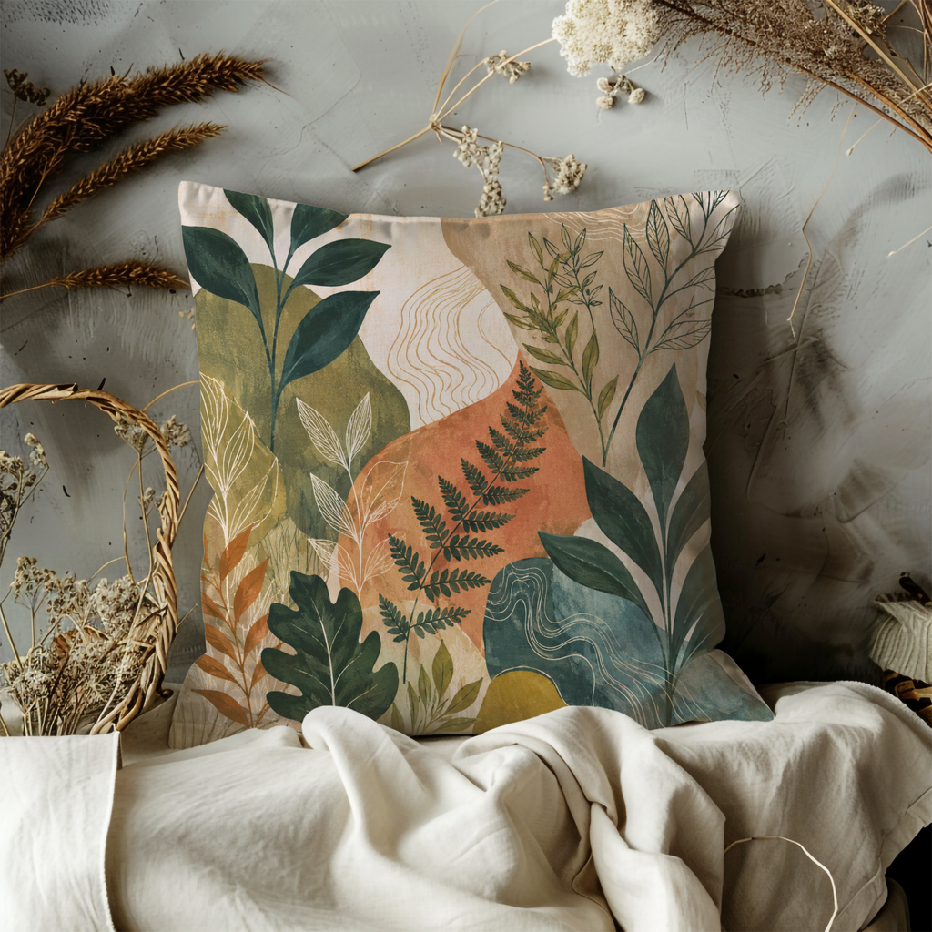 Abstract Botanical Leaves Fern Pillow Cover | Modern Nature Art | Soft Earth Tones Decor
