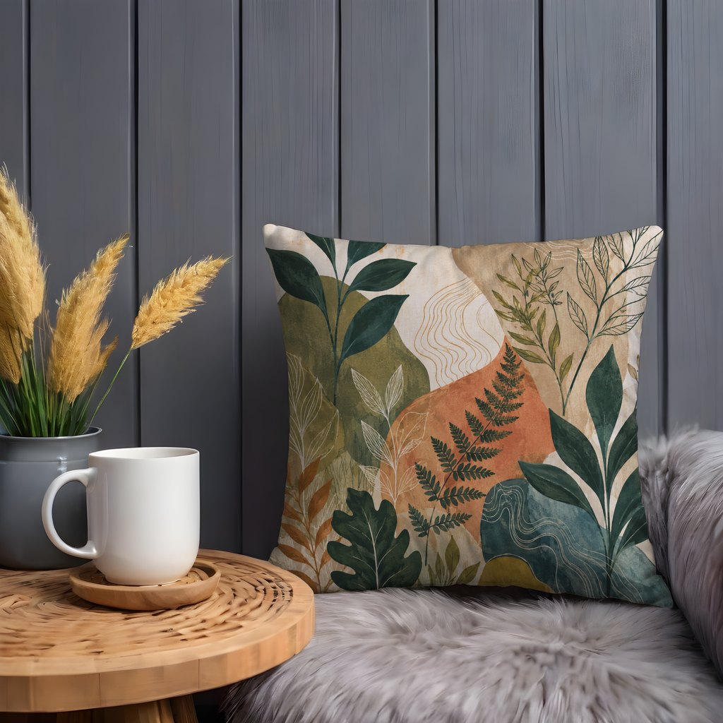 Abstract Botanical Leaves Fern Pillow Cover | Modern Nature Art | Soft Earth Tones Decor