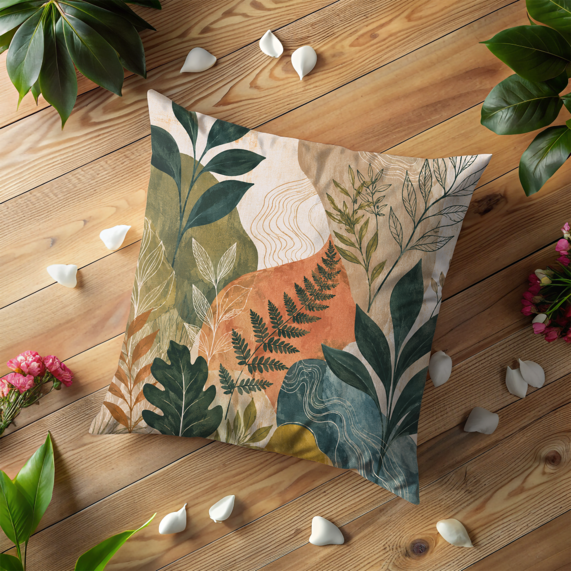 Abstract Botanical Leaves Fern Pillow Cover | Modern Nature Art | Soft Earth Tones Decor
