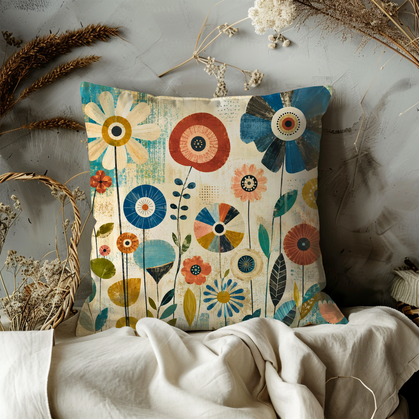 Abstract Modern Flowers Colorful Pillow Cover | Mid Century Floral Art | Retro Botanical Decor