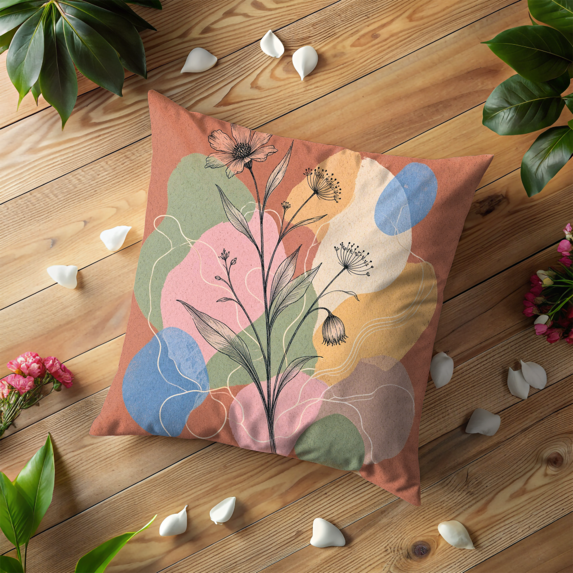 Wildflower Line Art Abstract Pillow Cover | Modern Botanical Art | Soft Geometric Decor