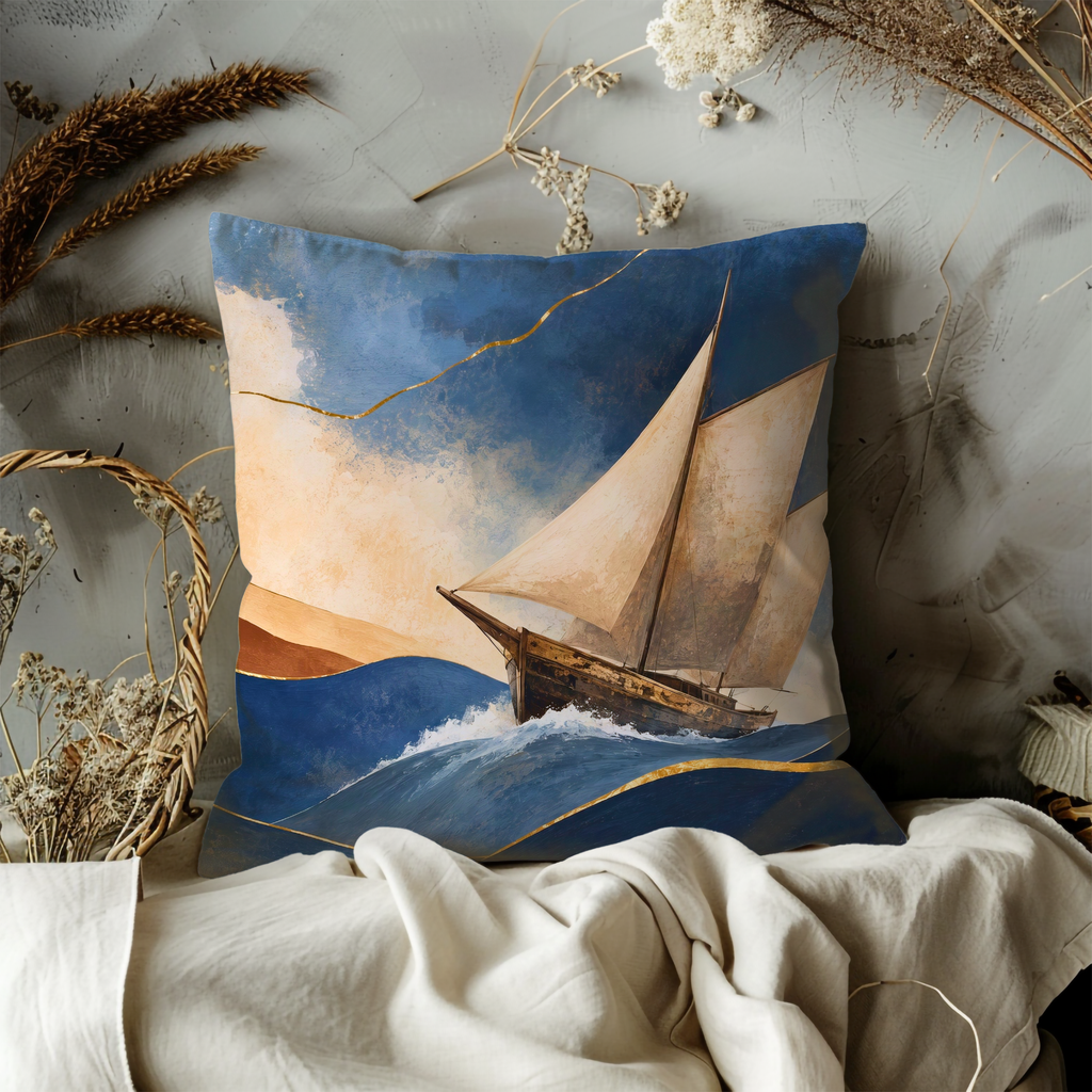 Sailboat Kintsugi Pillow Cover | Nautical Ocean Art | Elegant Coastal Decor