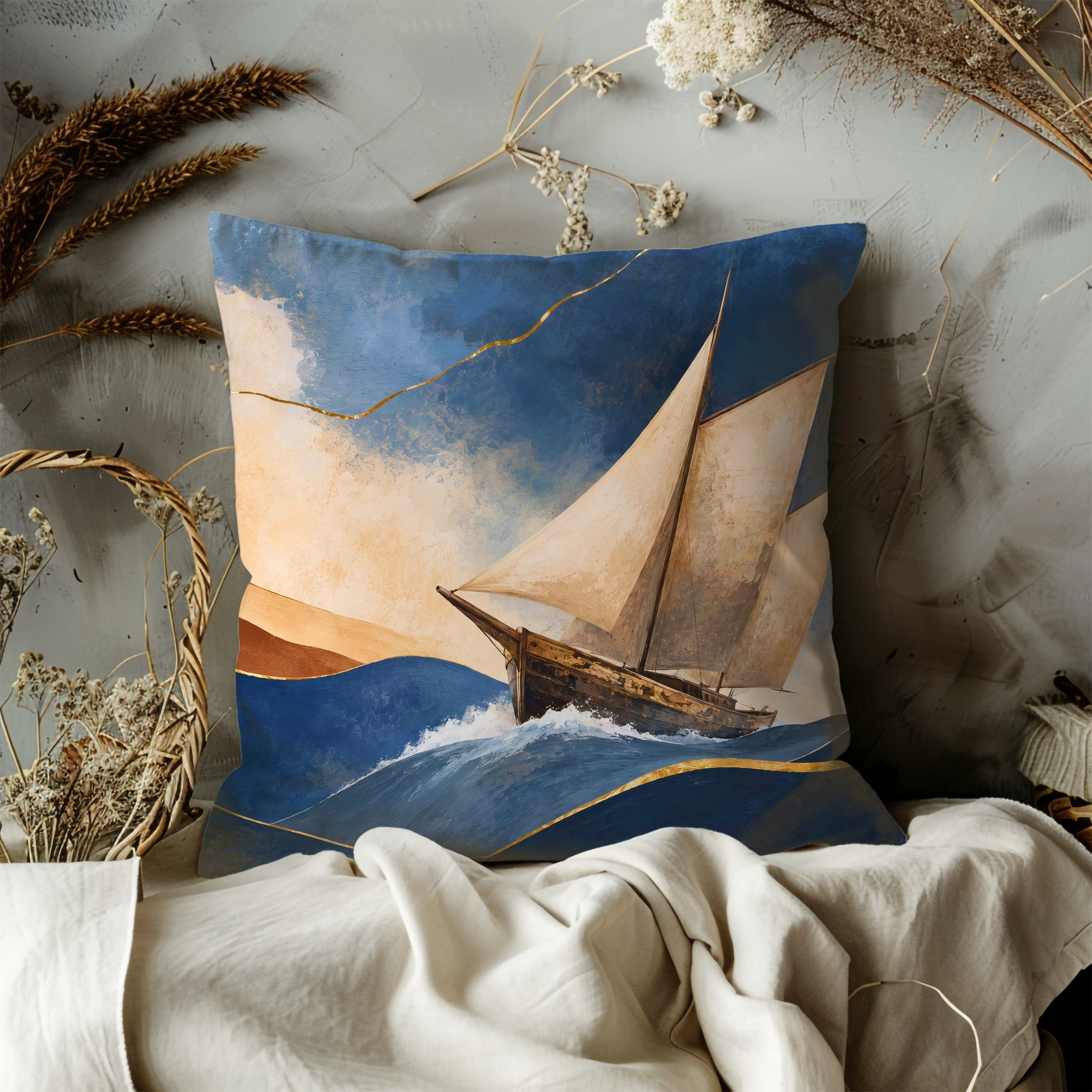 Sailboat Kintsugi Pillow Cover | Nautical Ocean Art | Elegant Coastal Decor