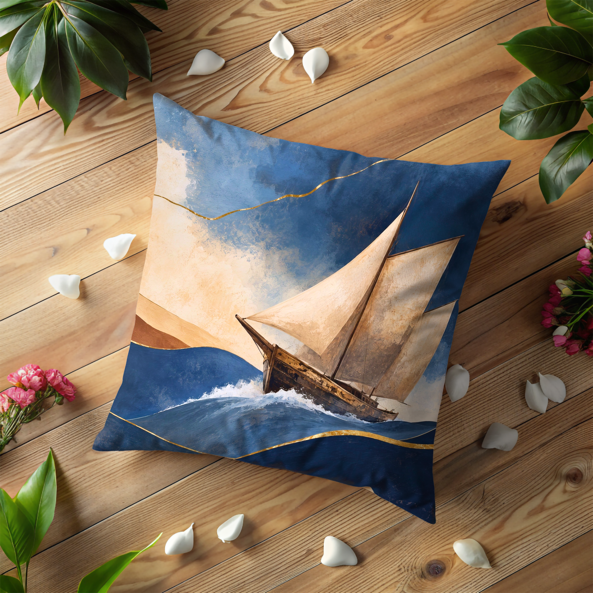 Sailboat Kintsugi Pillow Cover | Nautical Ocean Art | Elegant Coastal Decor