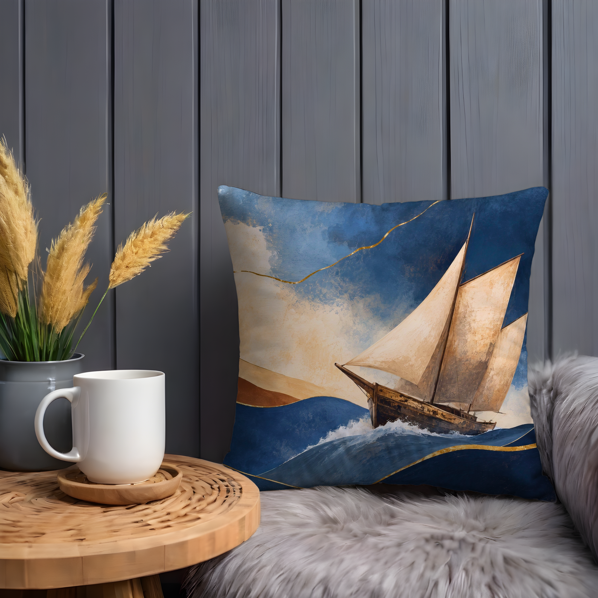 Sailboat Kintsugi Pillow Cover | Nautical Ocean Art | Elegant Coastal Decor