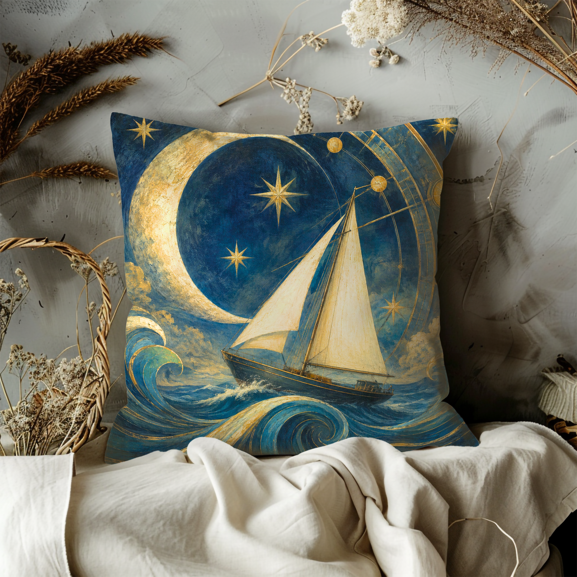 Sailboat Crescent Moon Pillow Cover | Mystical Nautical Art | Celestial Decor