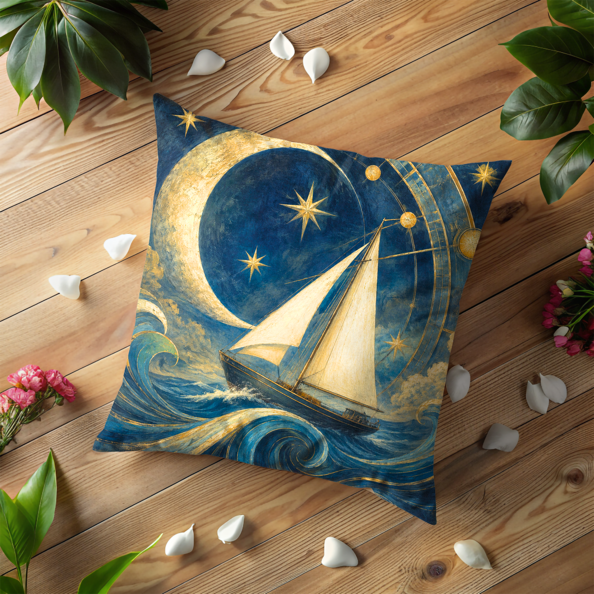 Sailboat Crescent Moon Pillow Cover | Mystical Nautical Art | Celestial Decor