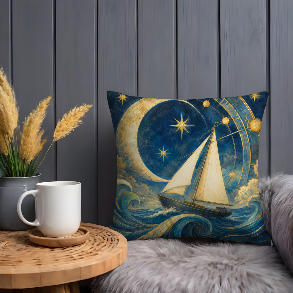 Sailboat Crescent Moon Pillow Cover | Mystical Nautical Art | Celestial Decor