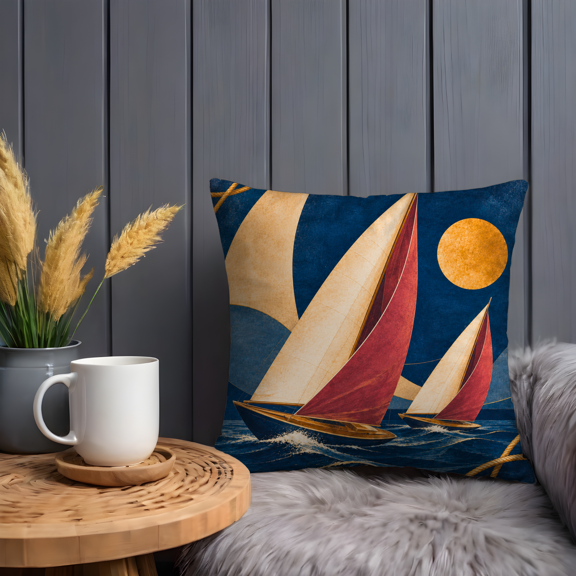 Sailboats Sunset Pillow Cover | Nautical Sailing Art | Coastal Decor