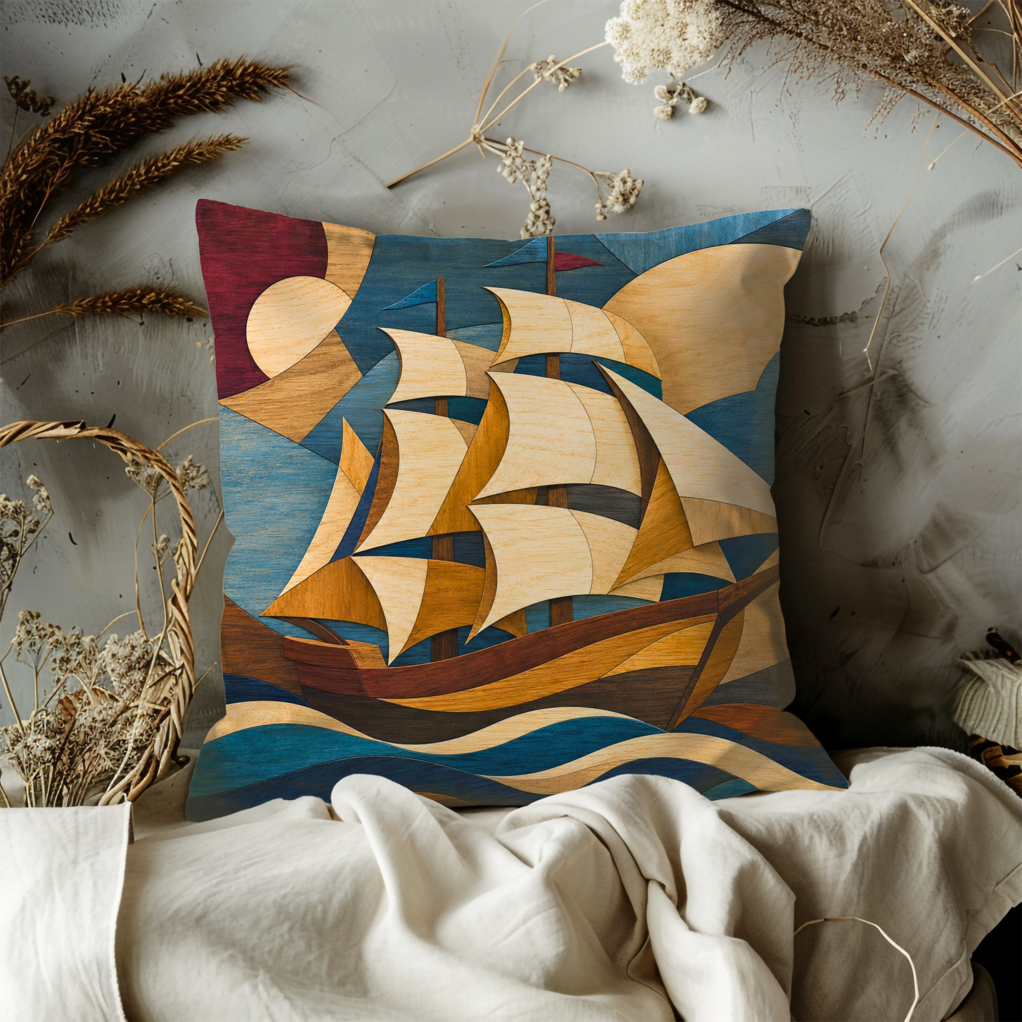 Geometric Sailboat Pillow Cover | Abstract Nautical Art | Earthy Boho Decor