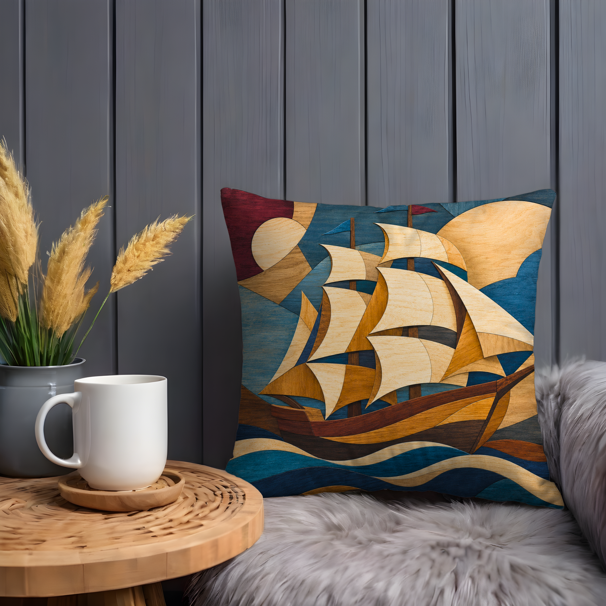 Geometric Sailboat Pillow Cover | Abstract Nautical Art | Earthy Boho Decor