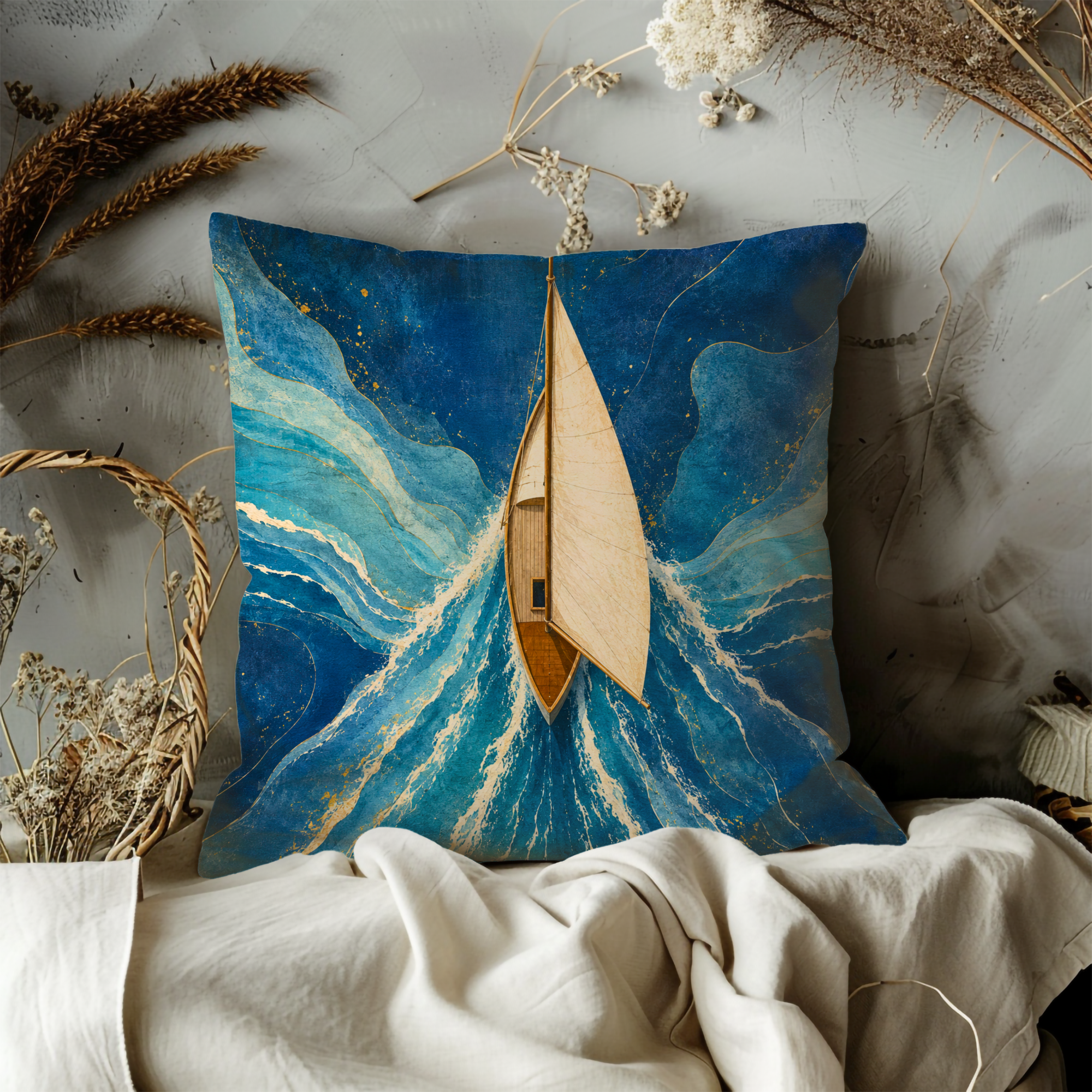 Sailboat Blue Waves Pillow Cover | Serene Ocean Art | Peaceful Decor