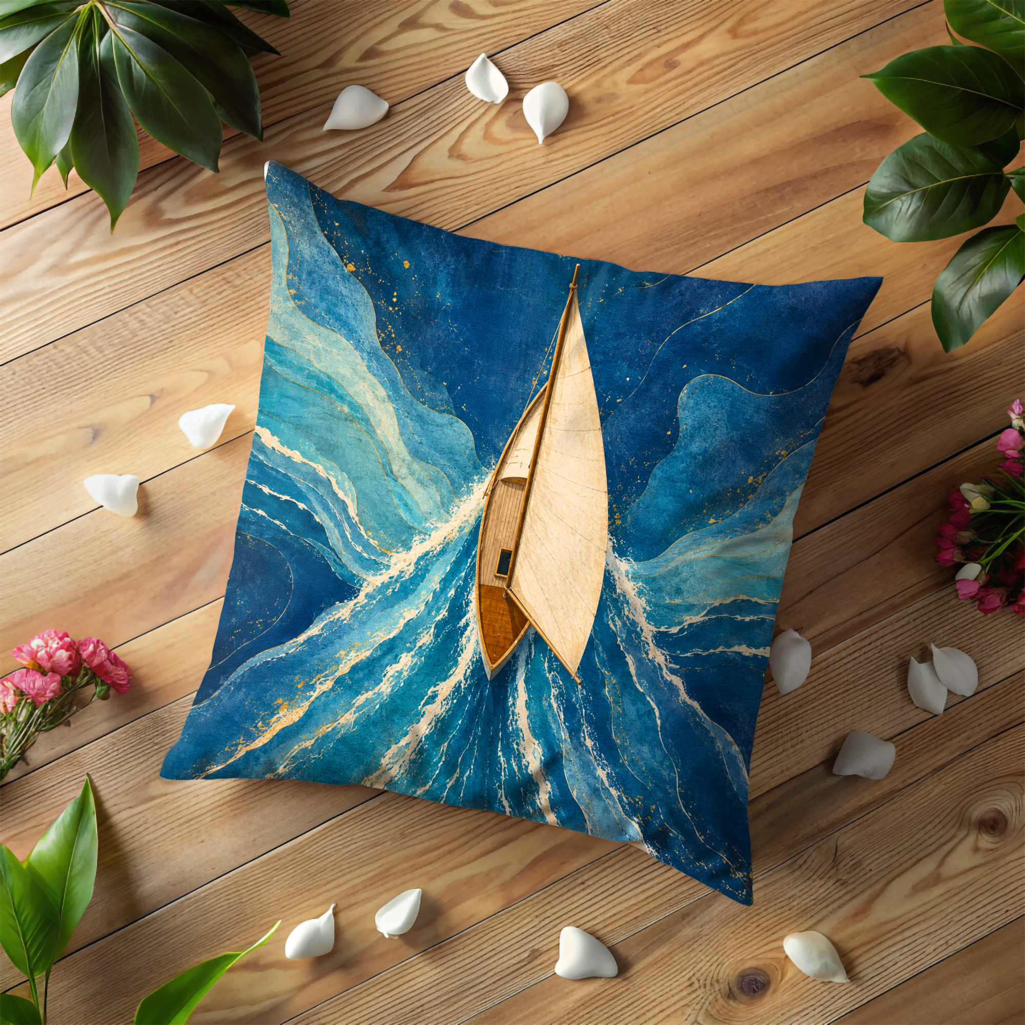 Sailboat Blue Waves Pillow Cover | Serene Ocean Art | Peaceful Decor
