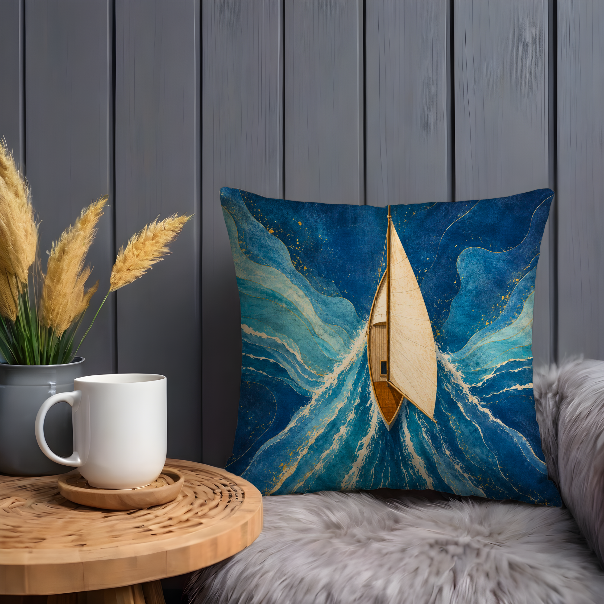 Sailboat Blue Waves Pillow Cover | Serene Ocean Art | Peaceful Decor