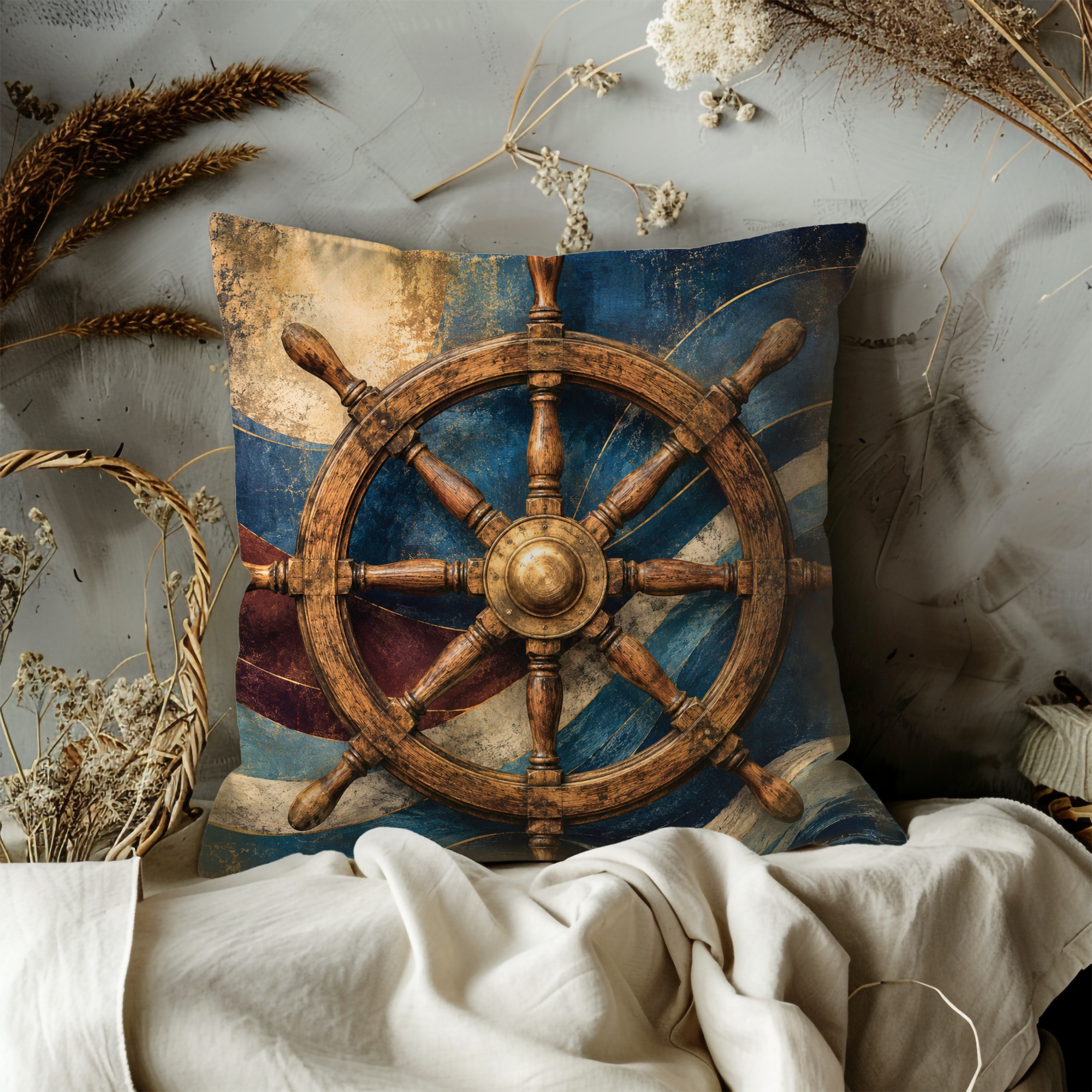 Ship Wheel Pillow Cover | Nautical Helm Art | Coastal Decor