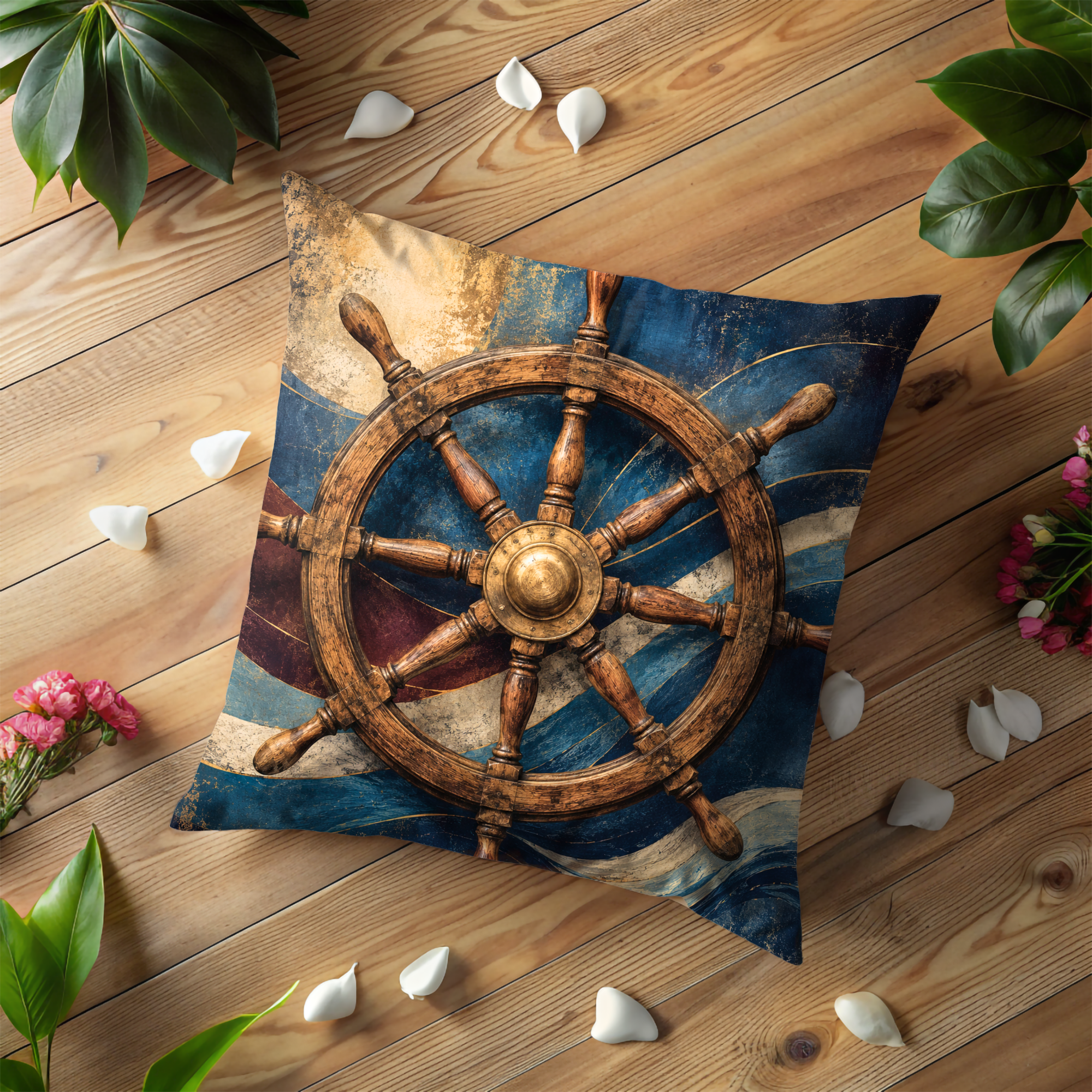 Ship Wheel Pillow Cover | Nautical Helm Art | Coastal Decor