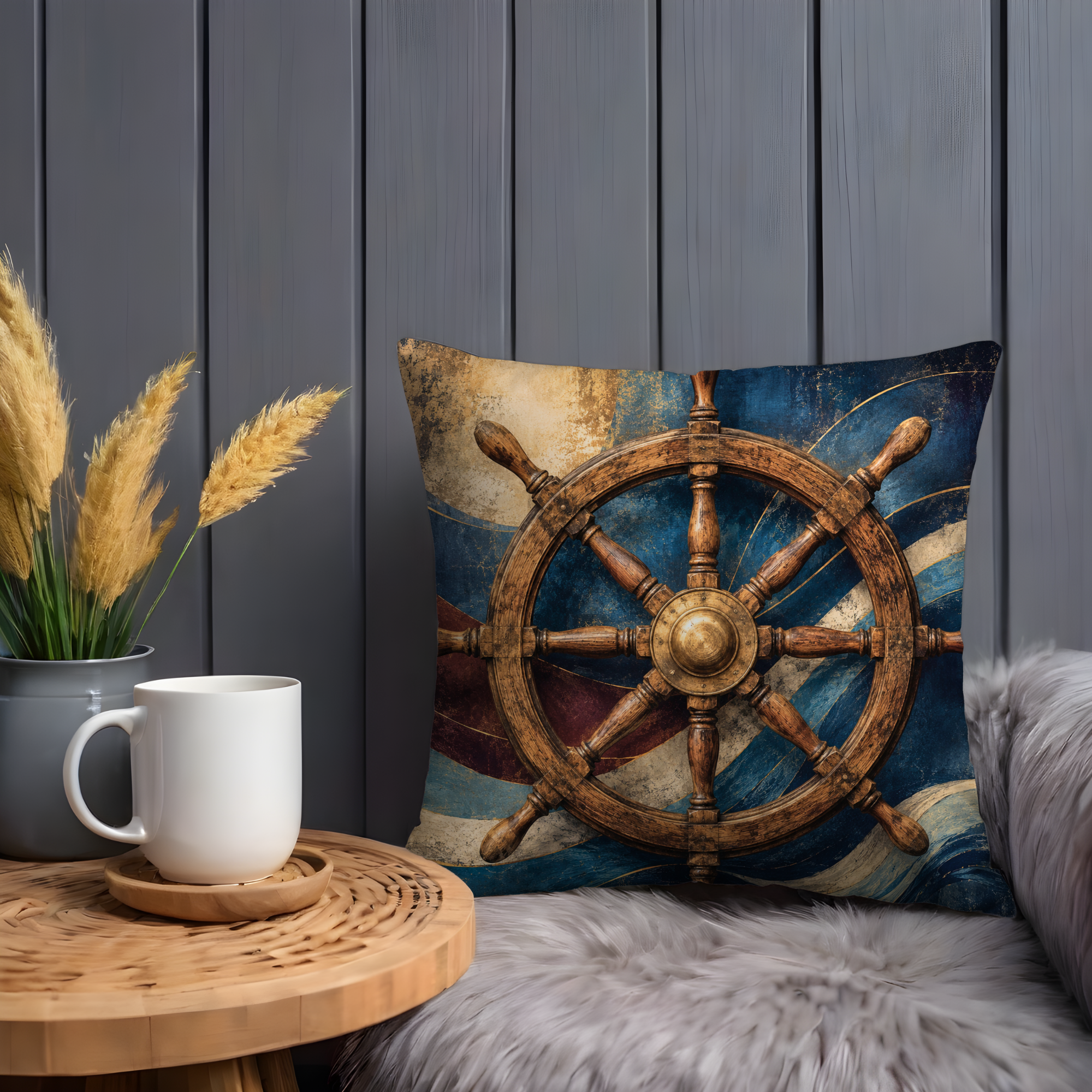 Ship Wheel Pillow Cover | Nautical Helm Art | Coastal Decor