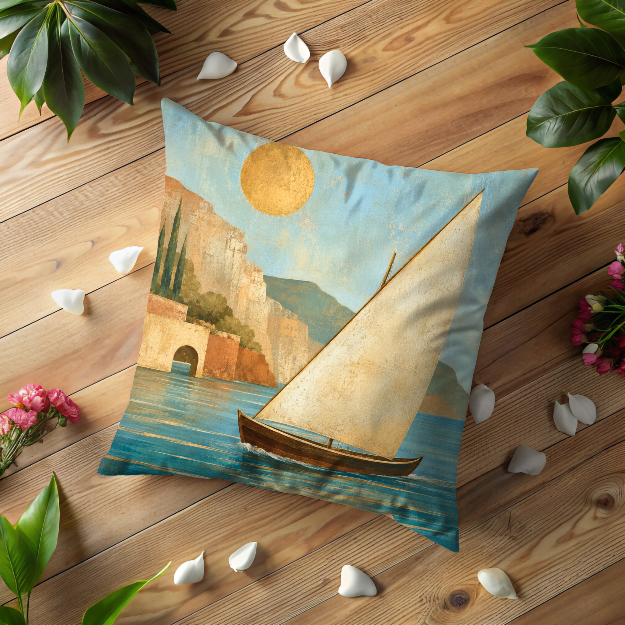 Sailboat Coastal Cliff Pillow Cover | Serene Seascape Art | Peaceful Decor