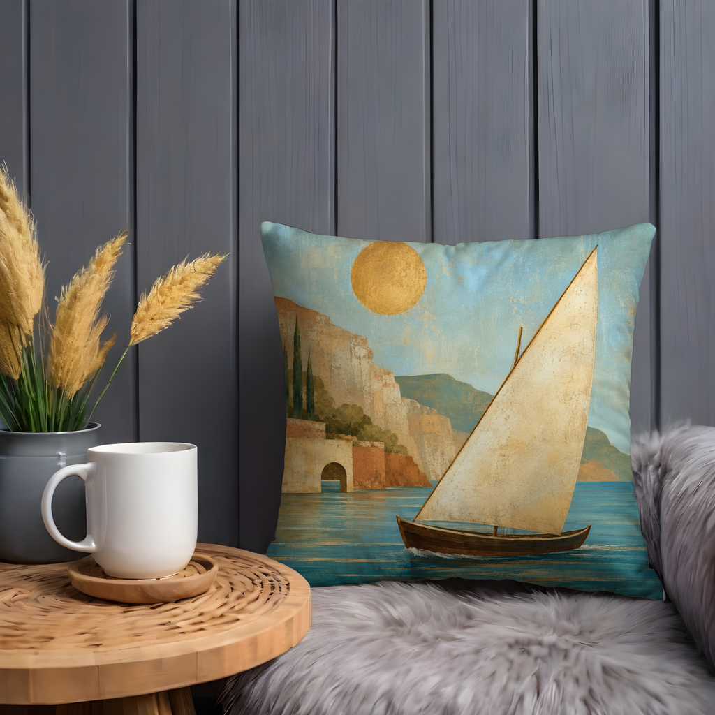 Sailboat Coastal Cliff Pillow Cover | Serene Seascape Art | Peaceful Decor