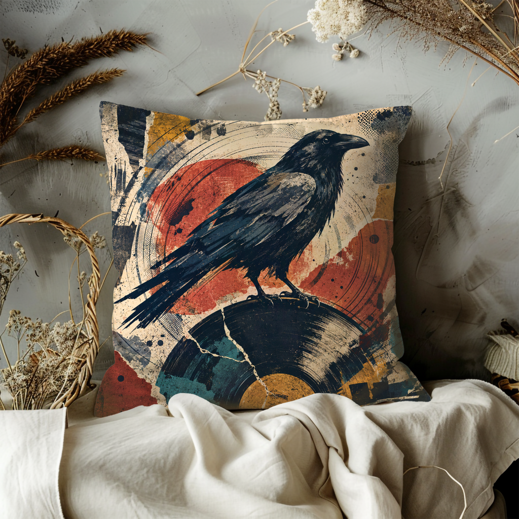Raven Vinyl Record Pillow Cover | Dark Music Art | Mystical Decor