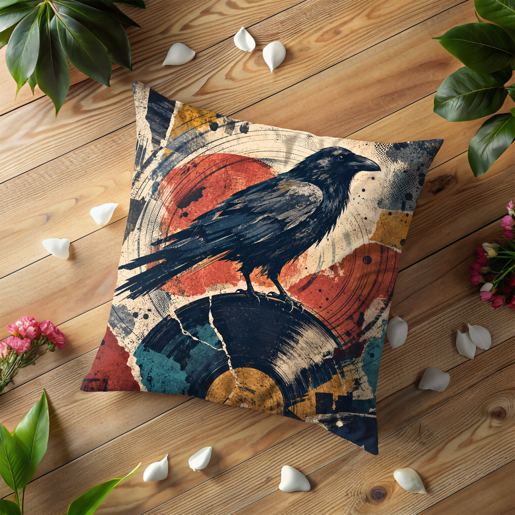 Raven Vinyl Record Pillow Cover | Dark Music Art | Mystical Decor