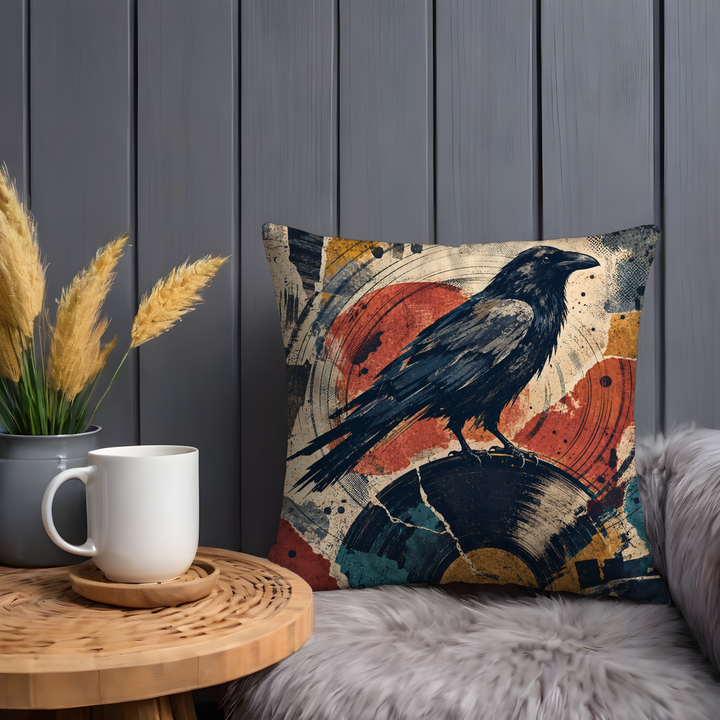 Raven Vinyl Record Pillow Cover | Dark Music Art | Mystical Decor
