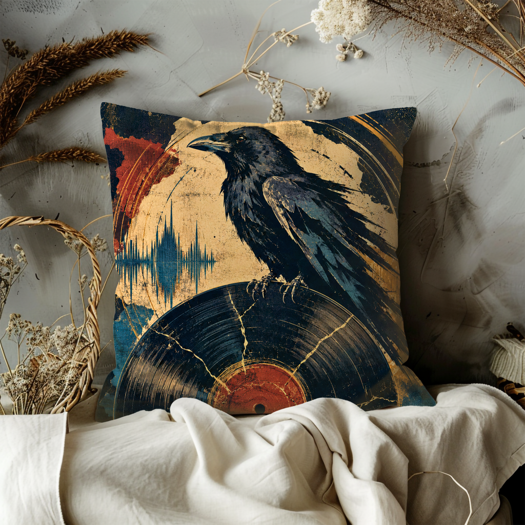 Raven Vinyl Record Pillow Cover | Dark Music Art | Mystical Decor