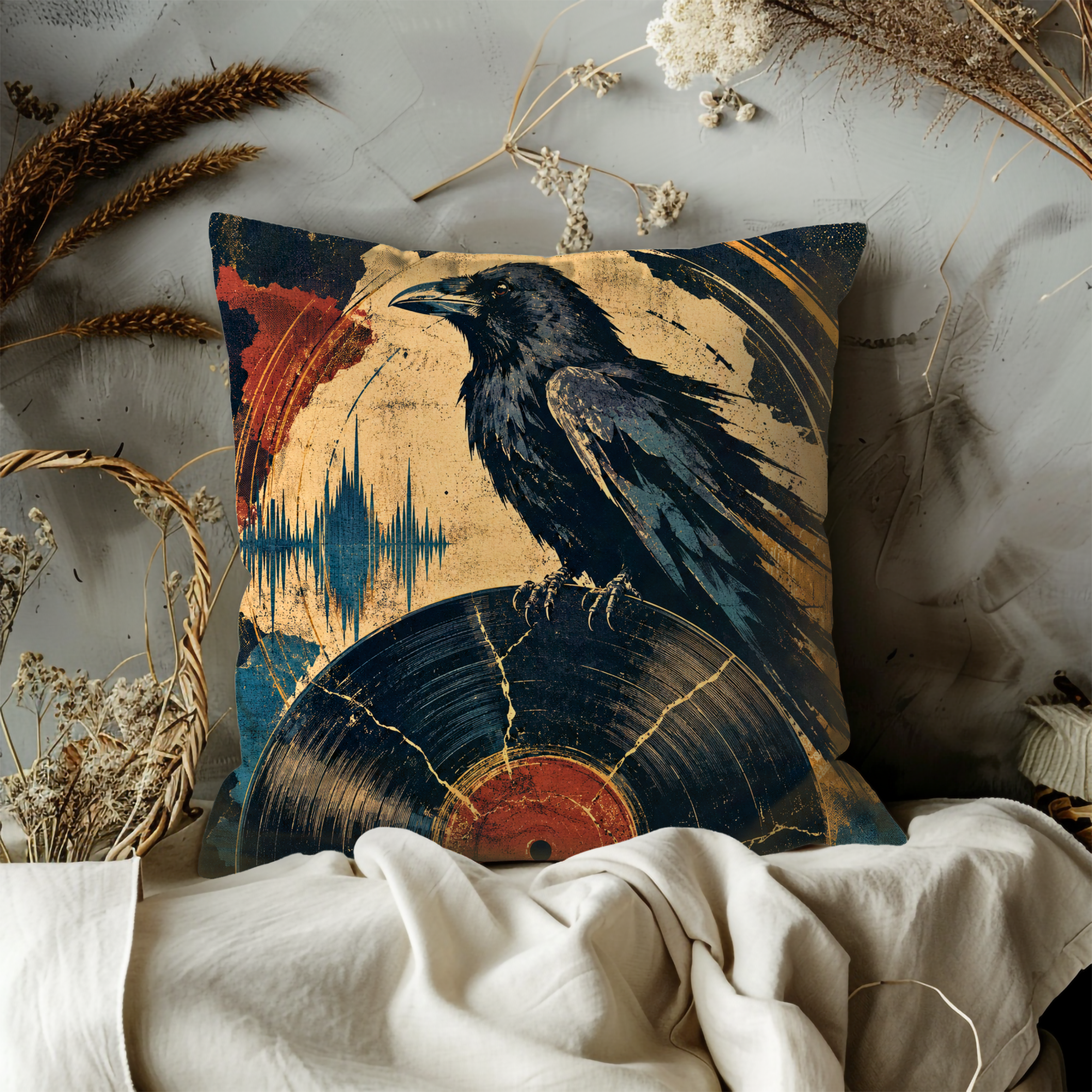 Raven Vinyl Record Pillow Cover | Dark Music Art | Mystical Decor