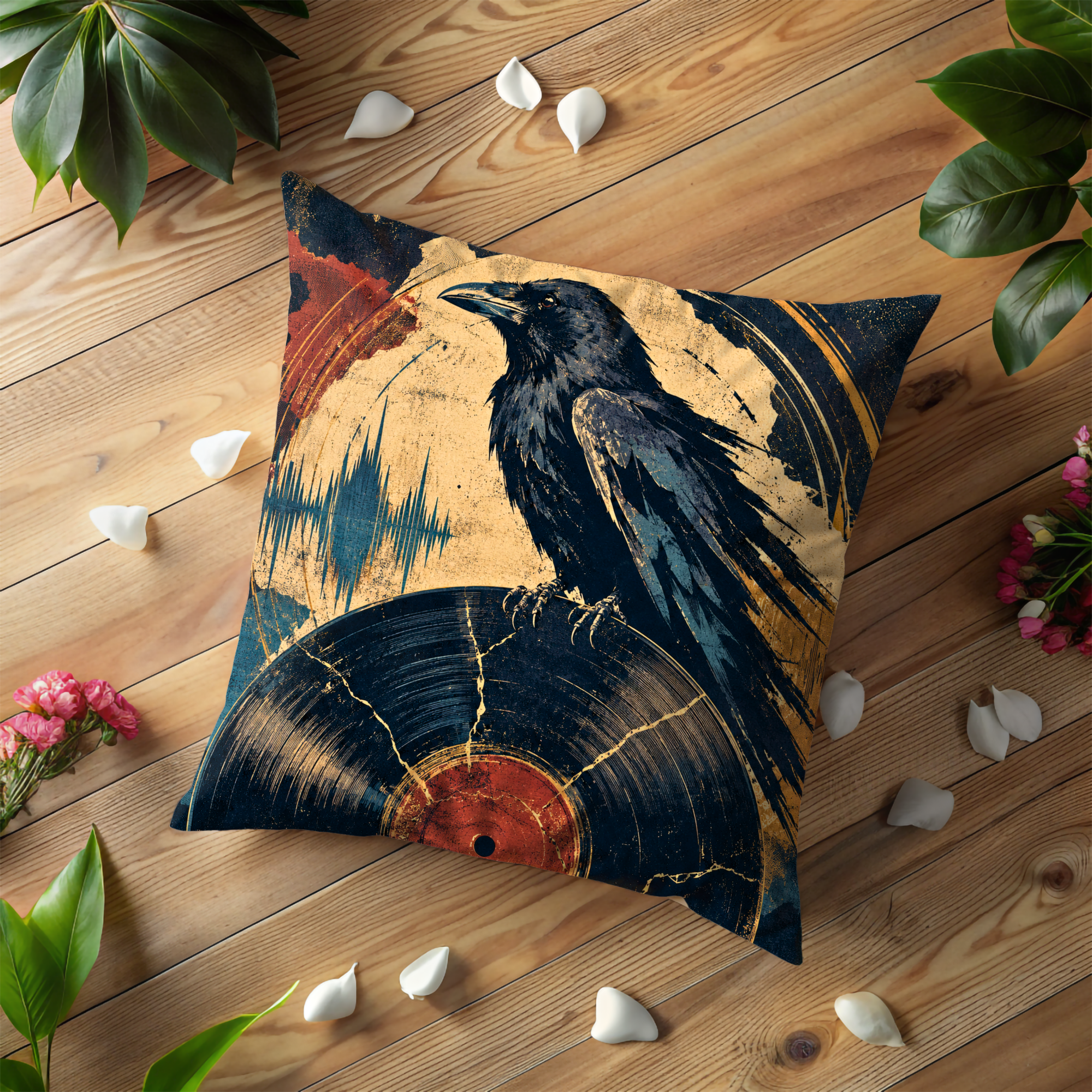 Raven Vinyl Record Pillow Cover | Dark Music Art | Mystical Decor