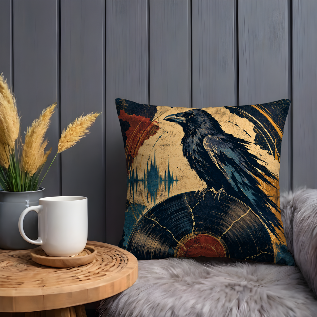 Raven Vinyl Record Pillow Cover | Dark Music Art | Mystical Decor