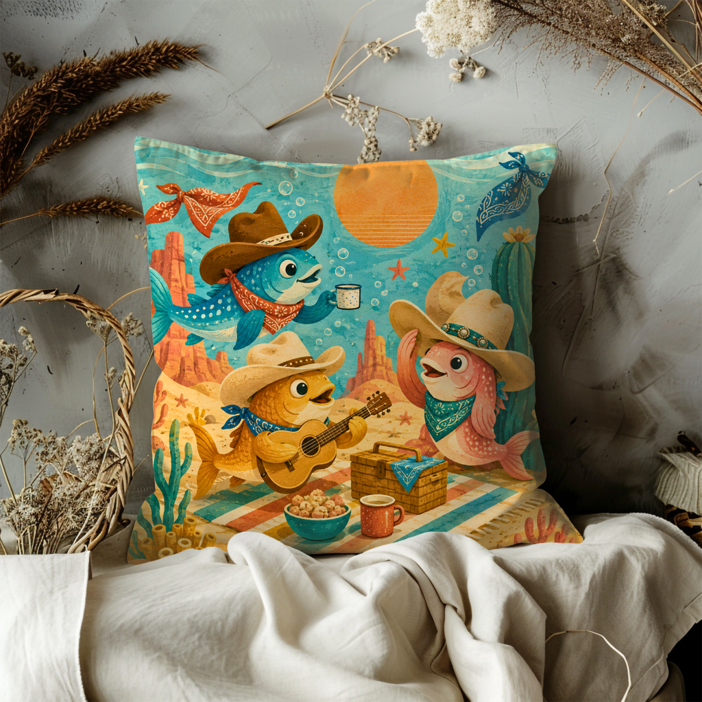 Cowboy Fish Picnic Pillow Cover | Whimsical Cartoon Art | Fun Decor