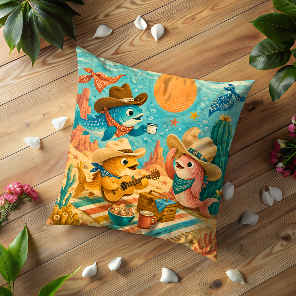 Cowboy Fish Picnic Pillow Cover | Whimsical Cartoon Art | Fun Decor