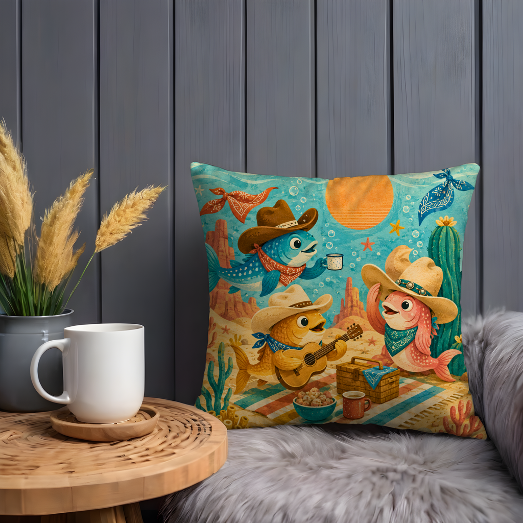 Cowboy Fish Picnic Pillow Cover | Whimsical Cartoon Art | Fun Decor