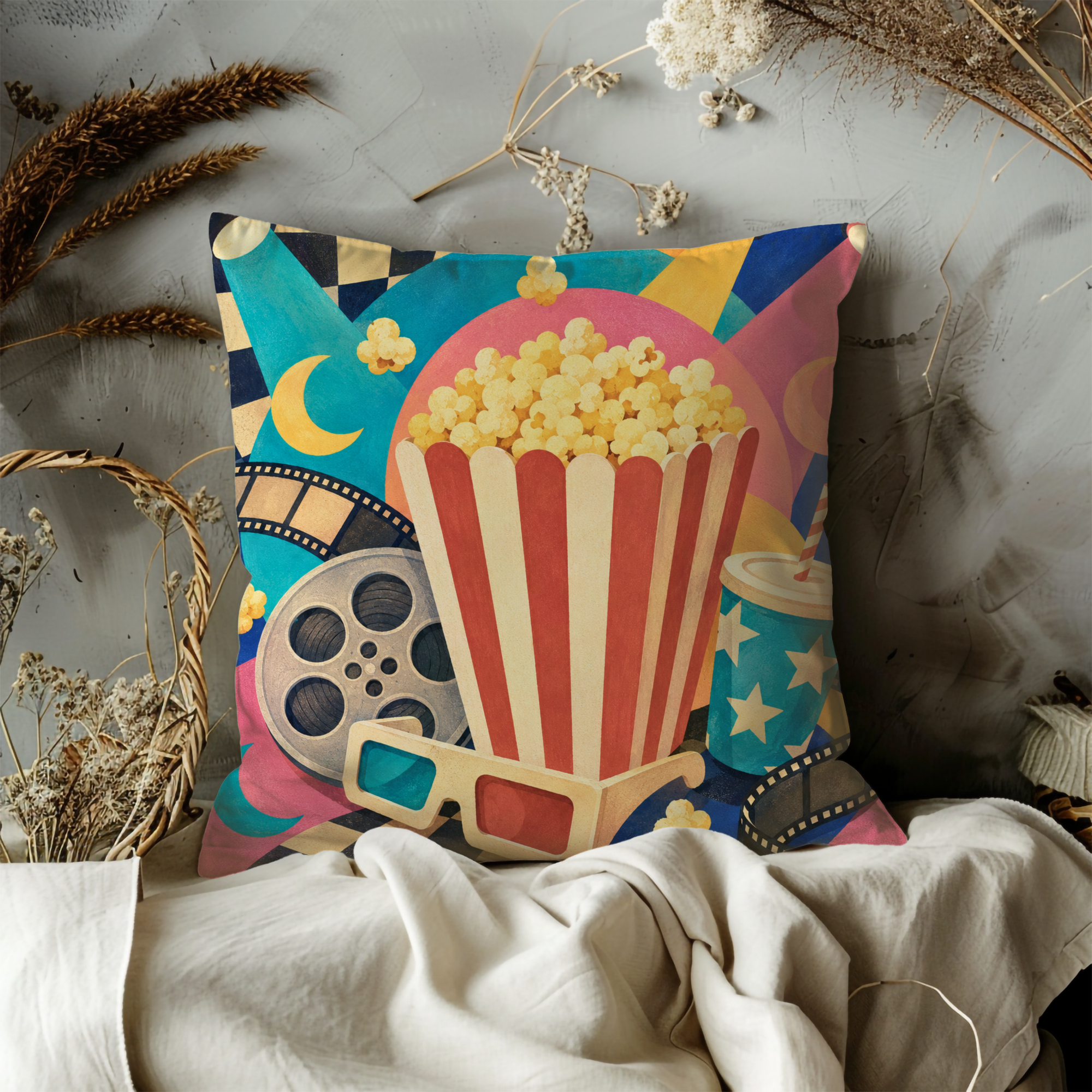 Movie Night Popcorn Pillow Cover | Retro Cinema Art | Fun Decor
