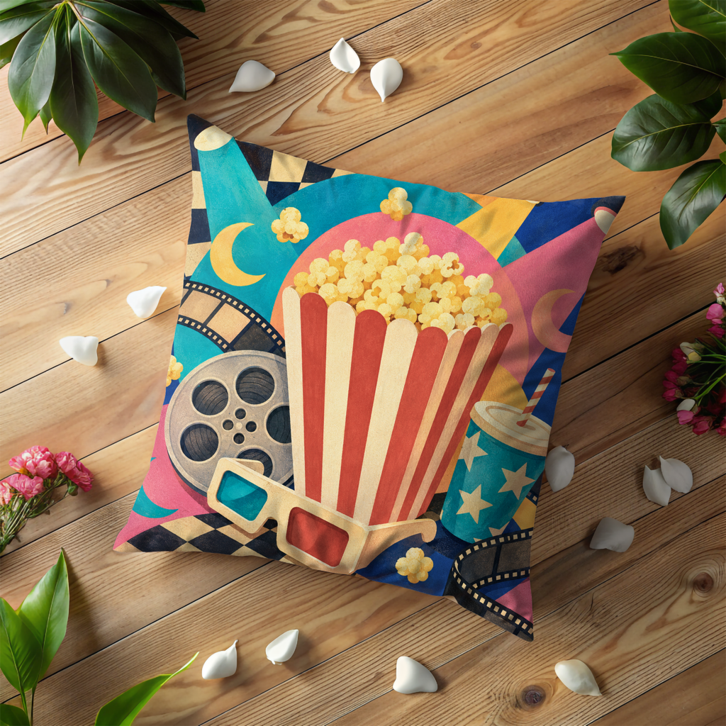 Movie Night Popcorn Pillow Cover | Retro Cinema Art | Fun Decor