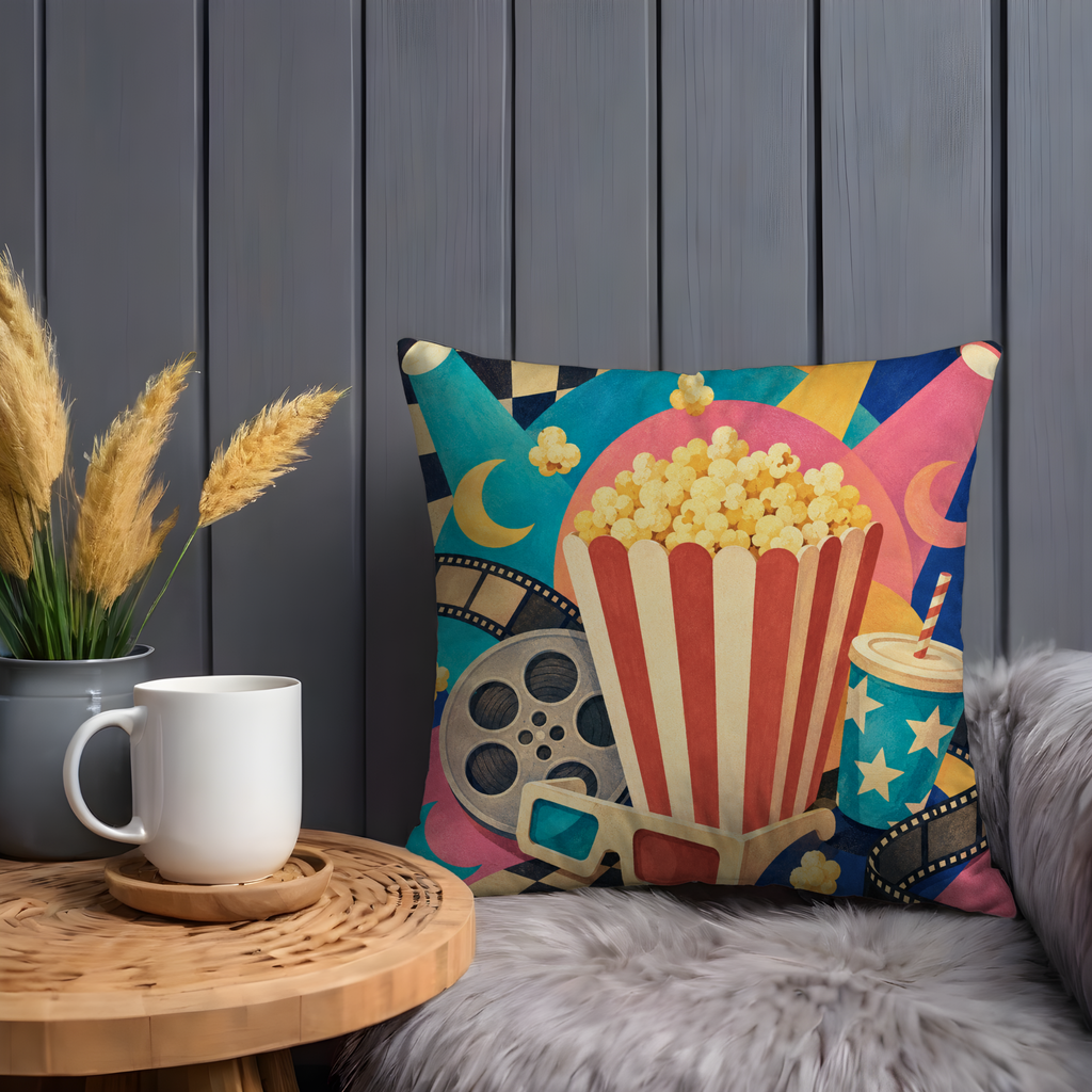 Movie Night Popcorn Pillow Cover | Retro Cinema Art | Fun Decor