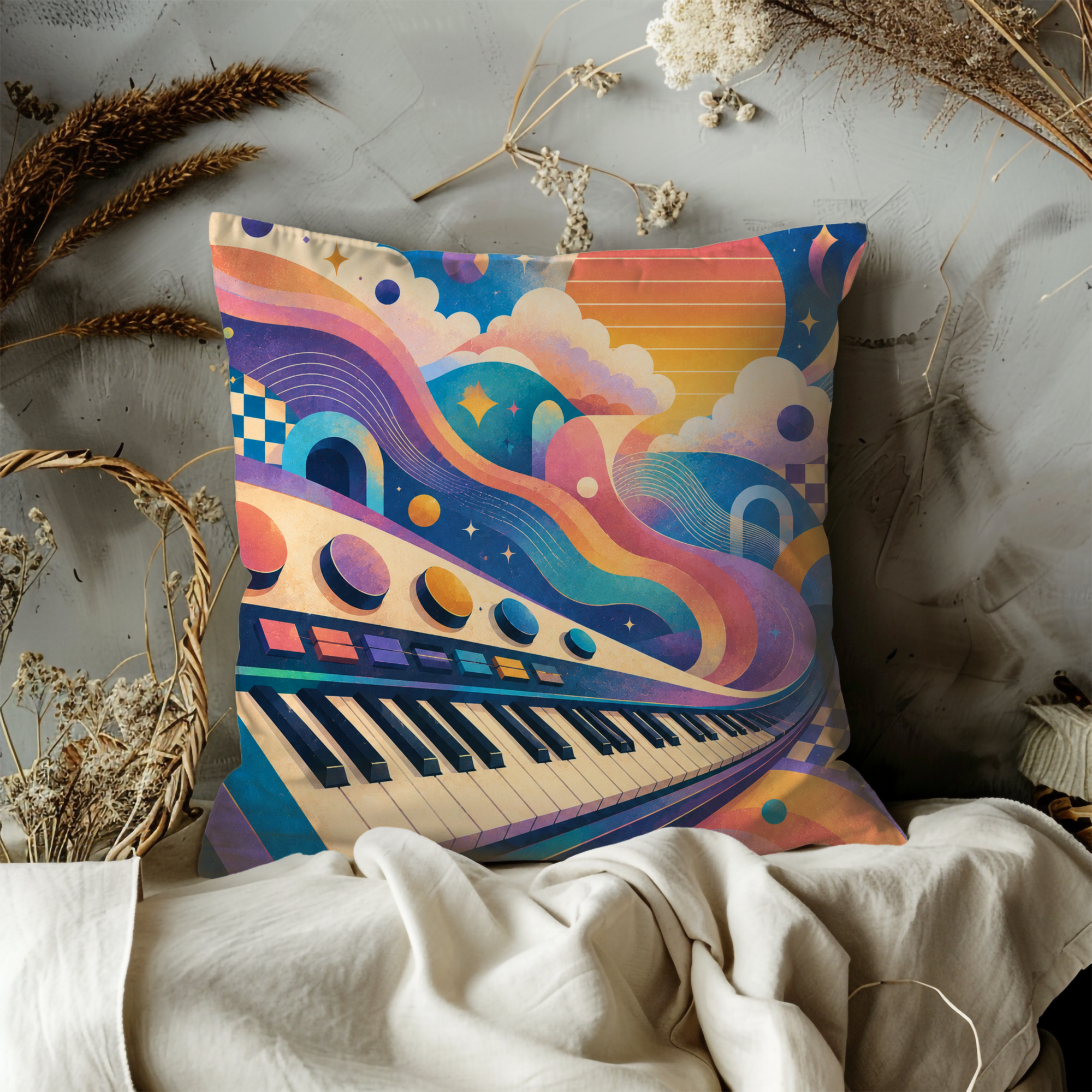 Psychedelic Piano Pillow Cover | Retro Music Art | Groovy Decor