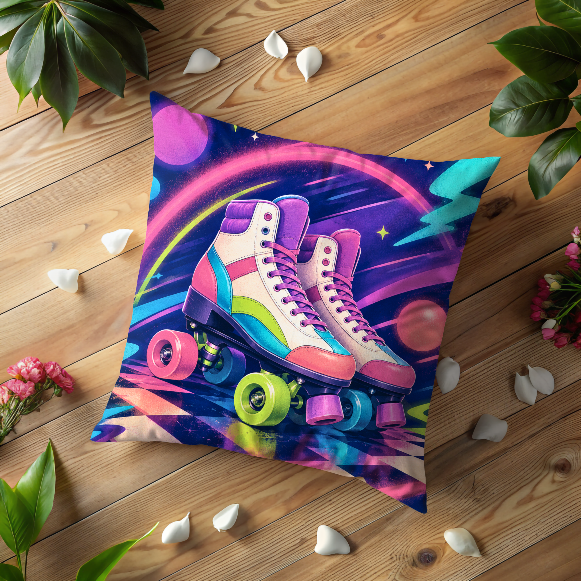 Neon Roller Skates Pillow Cover | Retro 80s Art | Vibrant Decor