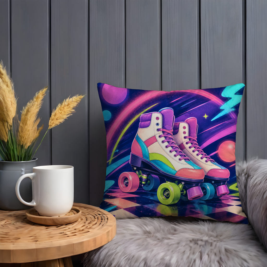 Neon Roller Skates Pillow Cover | Retro 80s Art | Vibrant Decor