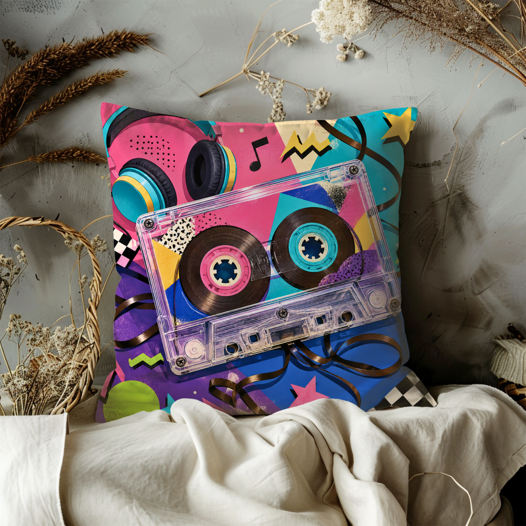 Retro Cassette Music Pillow Cover | 80s 90s Nostalgia | Vibrant Decor