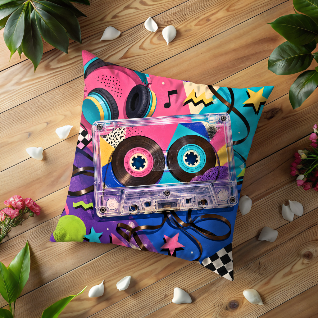 Retro Cassette Music Pillow Cover | 80s 90s Nostalgia | Vibrant Decor