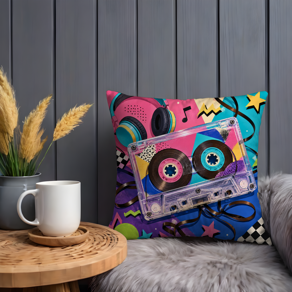 Retro Cassette Music Pillow Cover | 80s 90s Nostalgia | Vibrant Decor