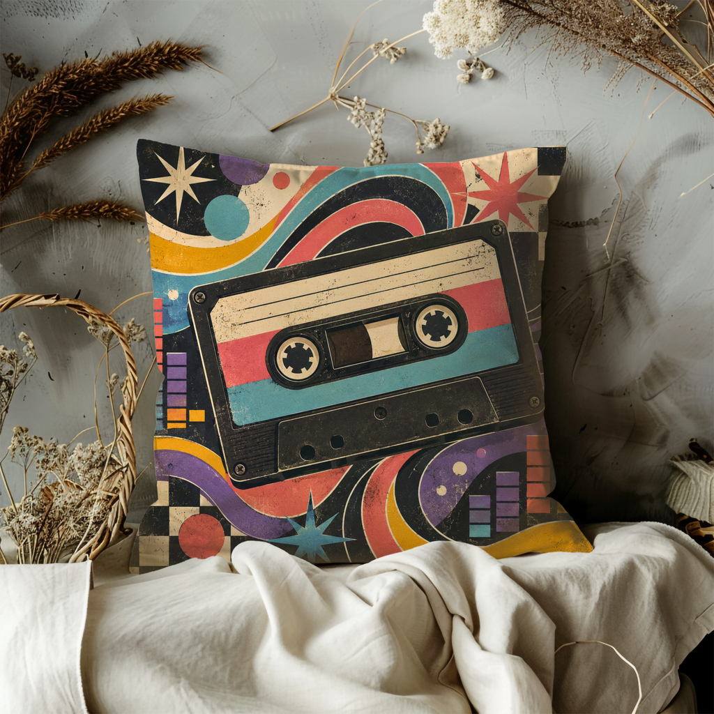 Retro Cassette Music Pillow Cover | 80s 90s Nostalgia | Vibrant Decor