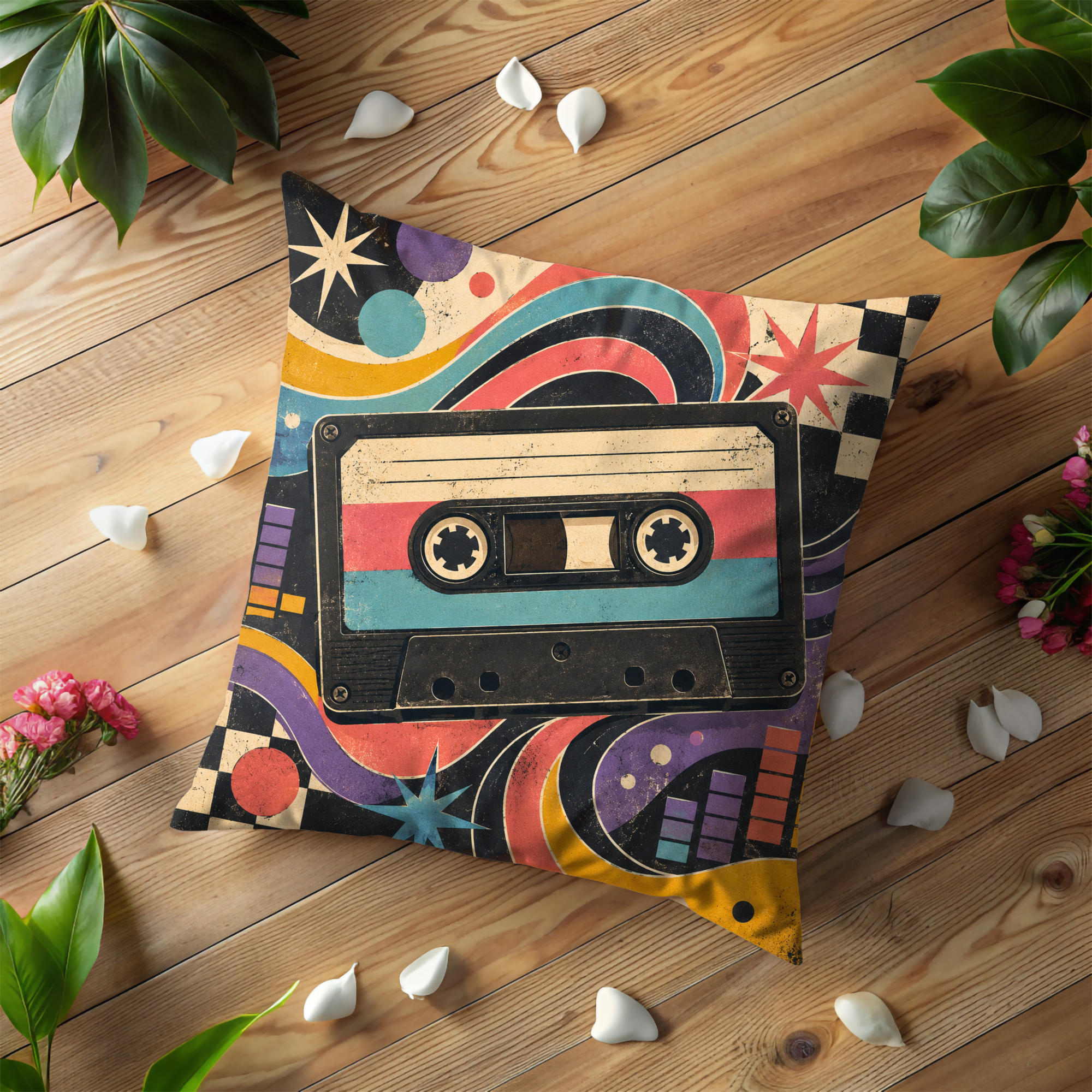 Retro Cassette Music Pillow Cover | 80s 90s Nostalgia | Vibrant Decor