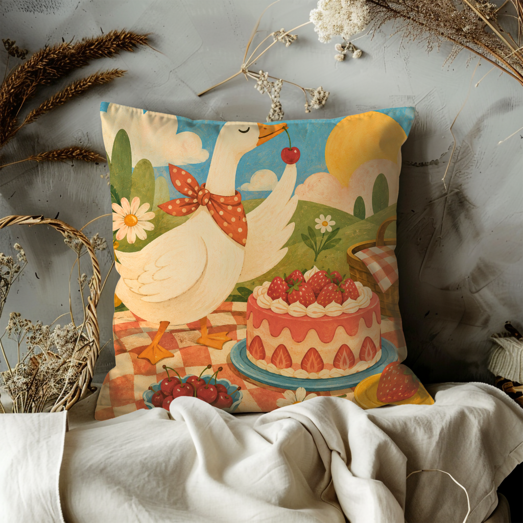 Goose Picnic Cake Pillow Cover | Cute Farm Animal Art | Cozy Summer Decor
