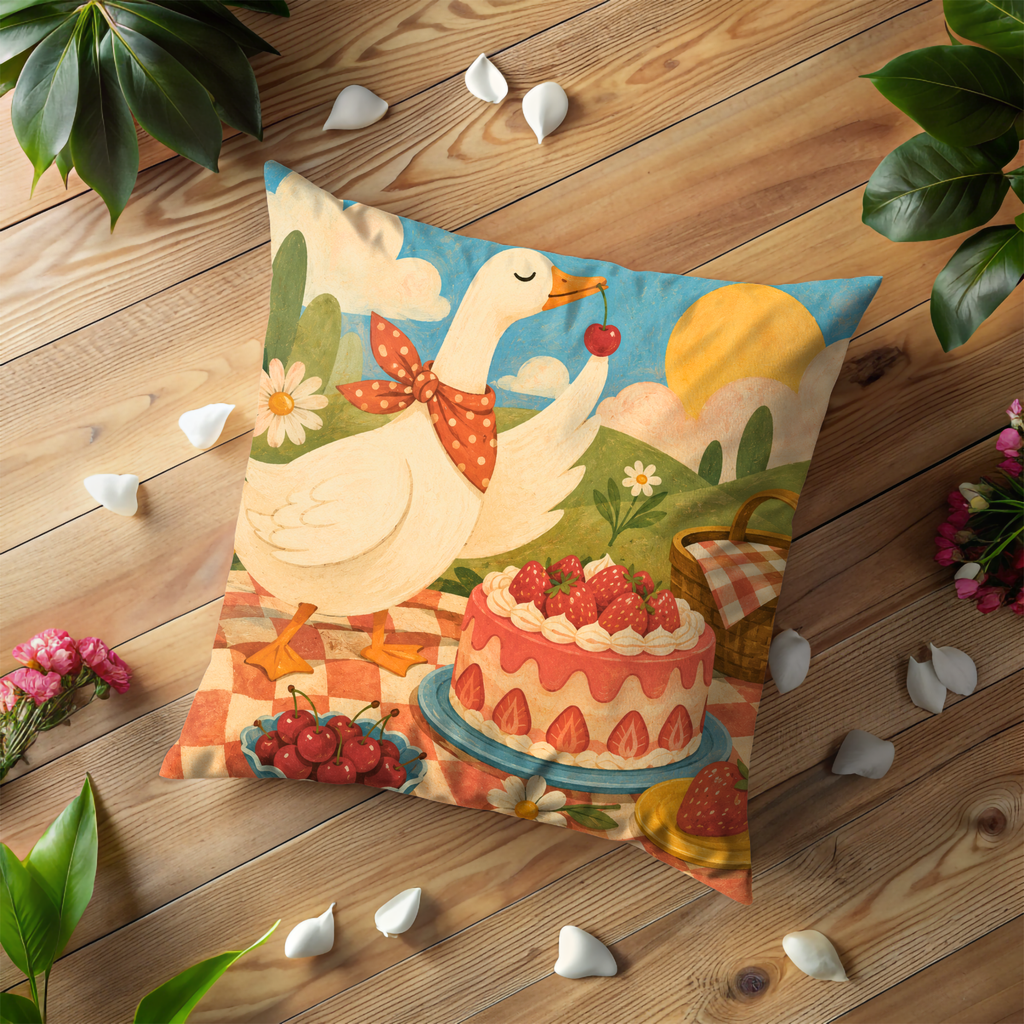 Goose Picnic Cake Pillow Cover | Cute Farm Animal Art | Cozy Summer Decor