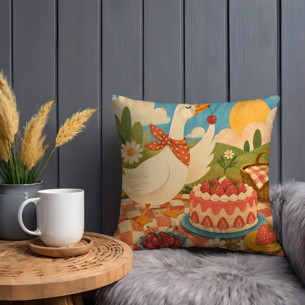 Goose Picnic Cake Pillow Cover | Cute Farm Animal Art | Cozy Summer Decor