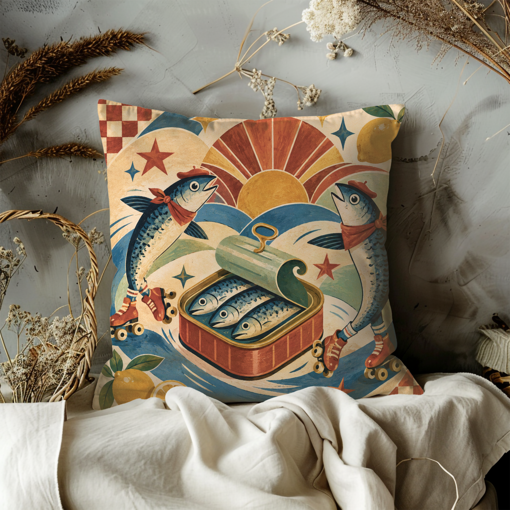 Sardine Roller Skate Pillow Cover | Whimsical Retro Art | Fun Decor