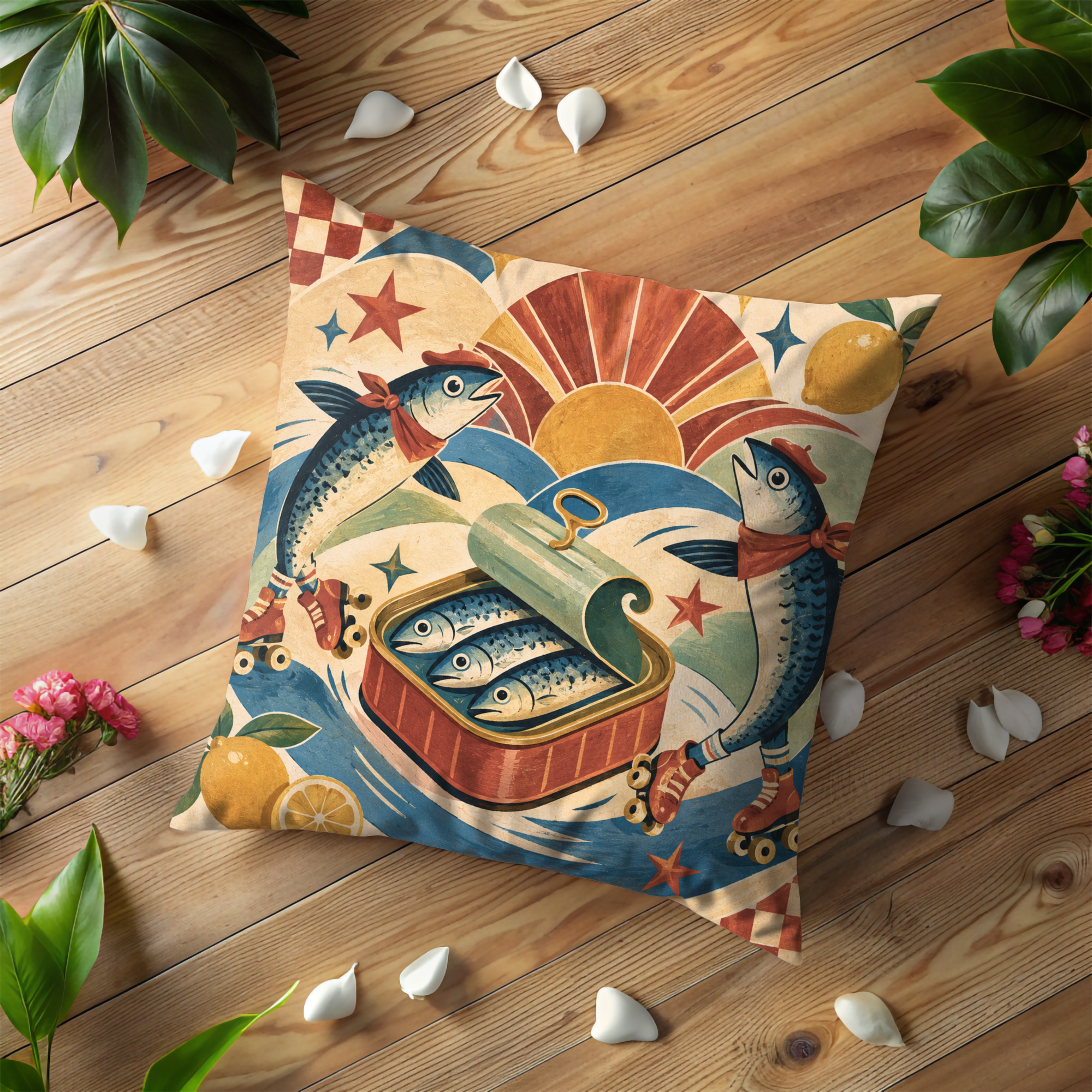 Sardine Roller Skate Pillow Cover | Whimsical Retro Art | Fun Decor