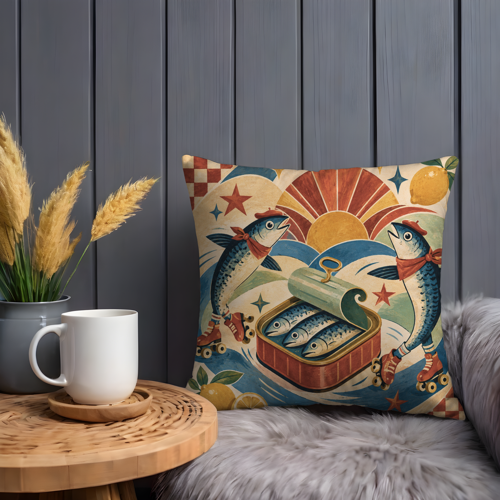 Sardine Roller Skate Pillow Cover | Whimsical Retro Art | Fun Decor